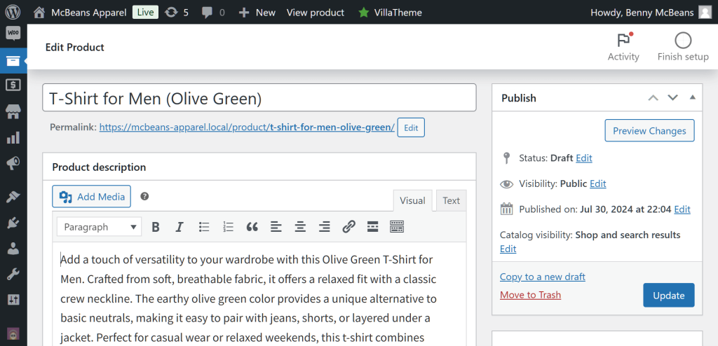 The Edit Product page, showing the product title and description of an olive-green t-shirt for men, as well as the Publish box and its various options, with the product Status set to "Draft"