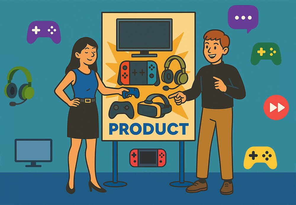 product-curation-gaming - AdTribes A woman and a man flanking a sign showing a group of gaming-related products as gaming-related symbols float around them