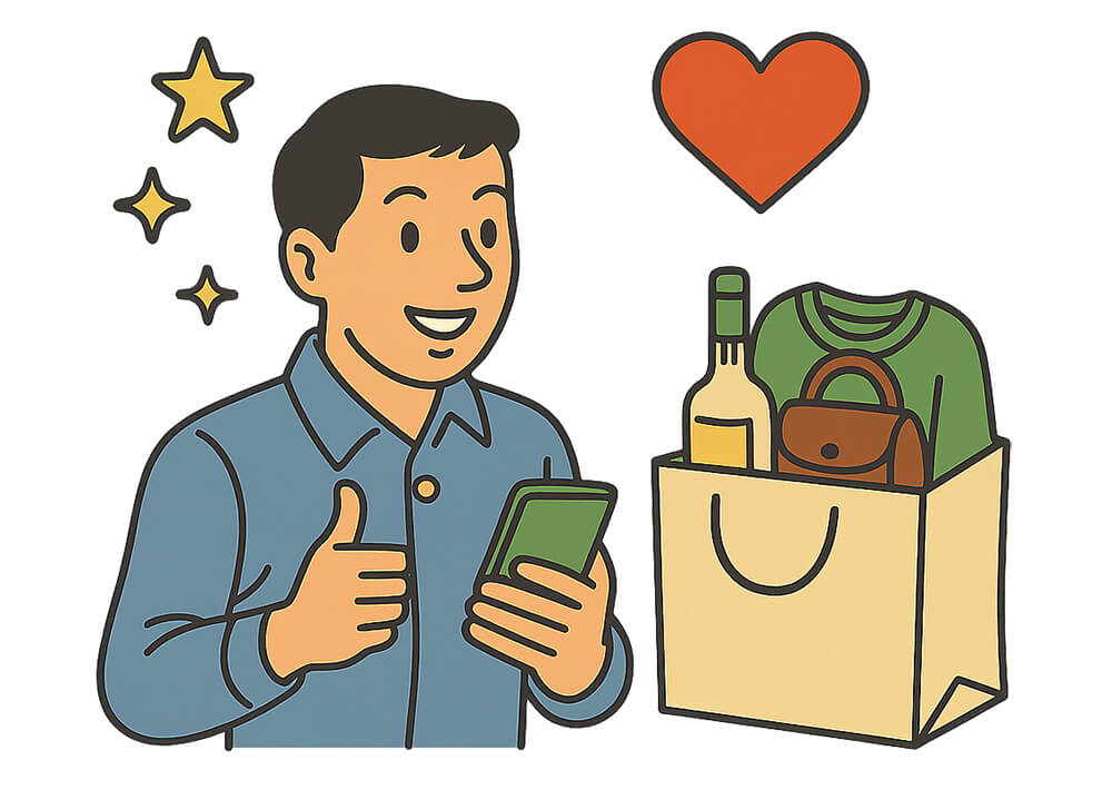 product-curation-loyalty - AdTribes A happy man holding a mobile phone giving the thumbs up, with stars and a heart floating around him and a bag filled with items floating beside him