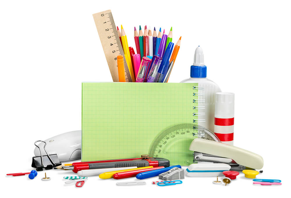 product-curation-school-products - AdTribes A bundle of school items, including a notebook, pens, pencils, rulers, glue, clips, a stapler, and more
