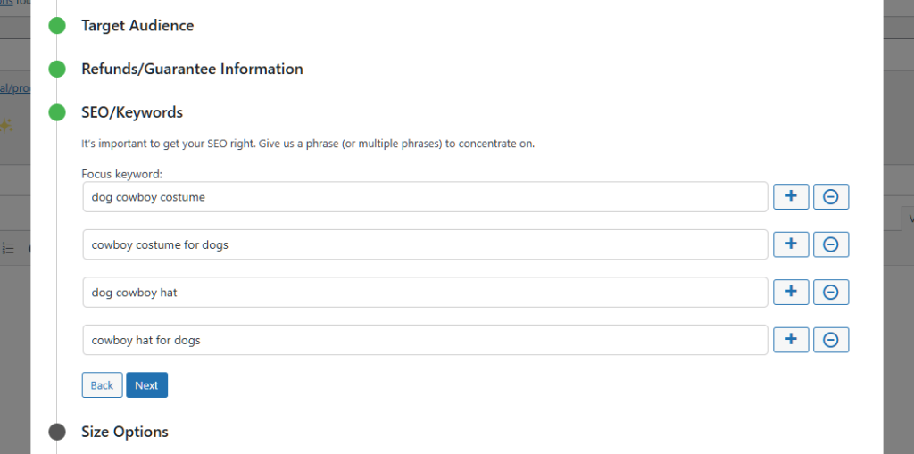 Multiple options, including the SEO/Keywords option, which allows the user to provide multiple keywords
