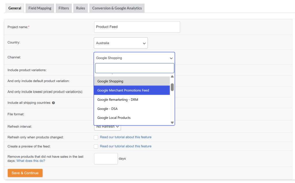 AdTribes plugin interface showing feed setup for Google Shopping and other Google-based channels