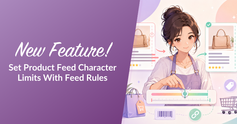 Banner announcing a new feature: set product feed character limits with feed rules; illustration of a woman adjusting a dashboard on the right.