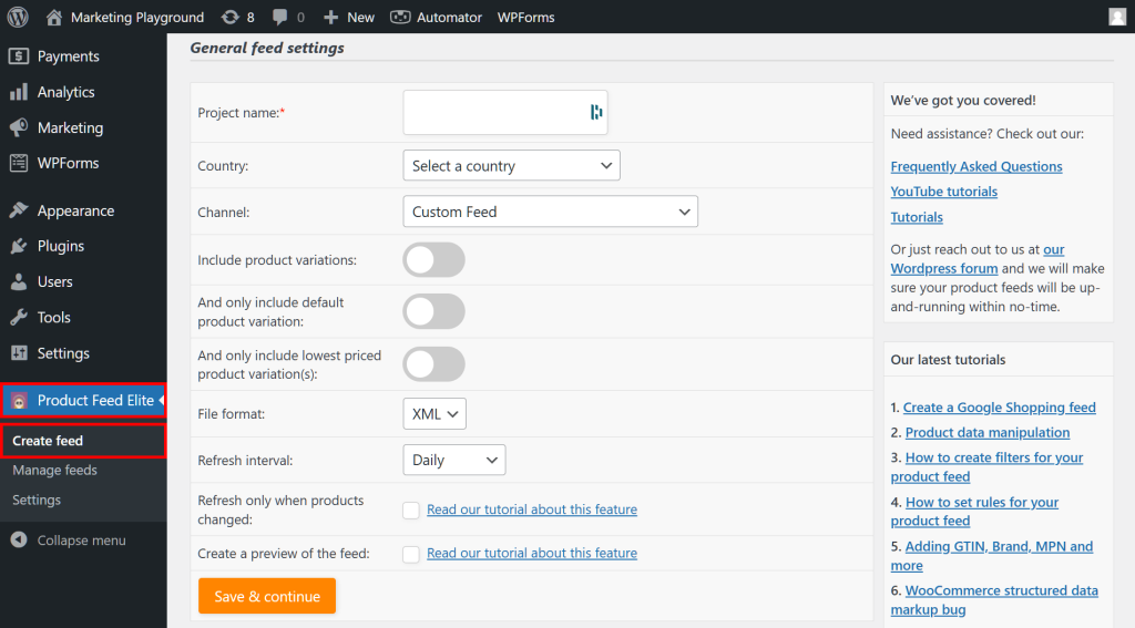 The WordPress dashboard, with the path from the "Product Feed Elite" panel to the "Create Feed" panel highlighted in red, and showing AdTribes' "General feed settings" page, which comes with multiple options including Project name, Country, Channel, File format, and more