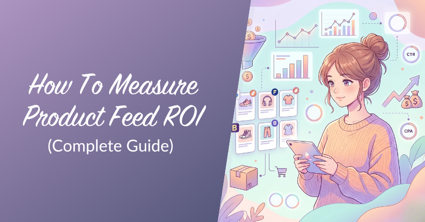 Hero illustration: a woman holding a tablet among graphs and data icons about measuring product feed ROI for a guide article.
