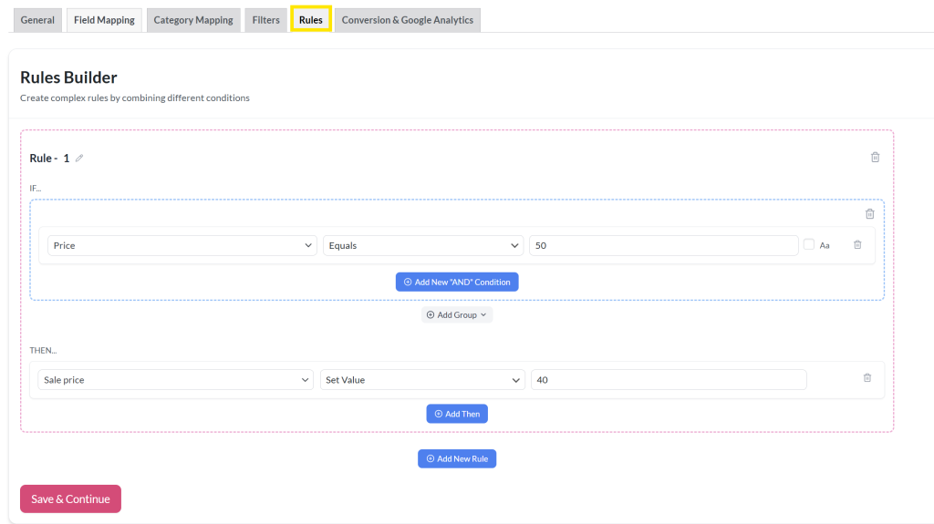 Rules builder in AdTribes showing a sample condition to adjust sale price