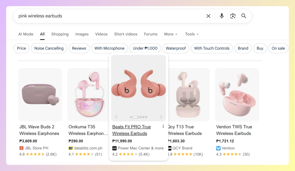 Google product listing ads for pink wireless earbuds