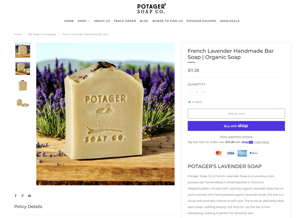Potager Soap product page showing the title “French Lavender Handmade Bar Soap | Organic Soap,” optimized with high-value keywords