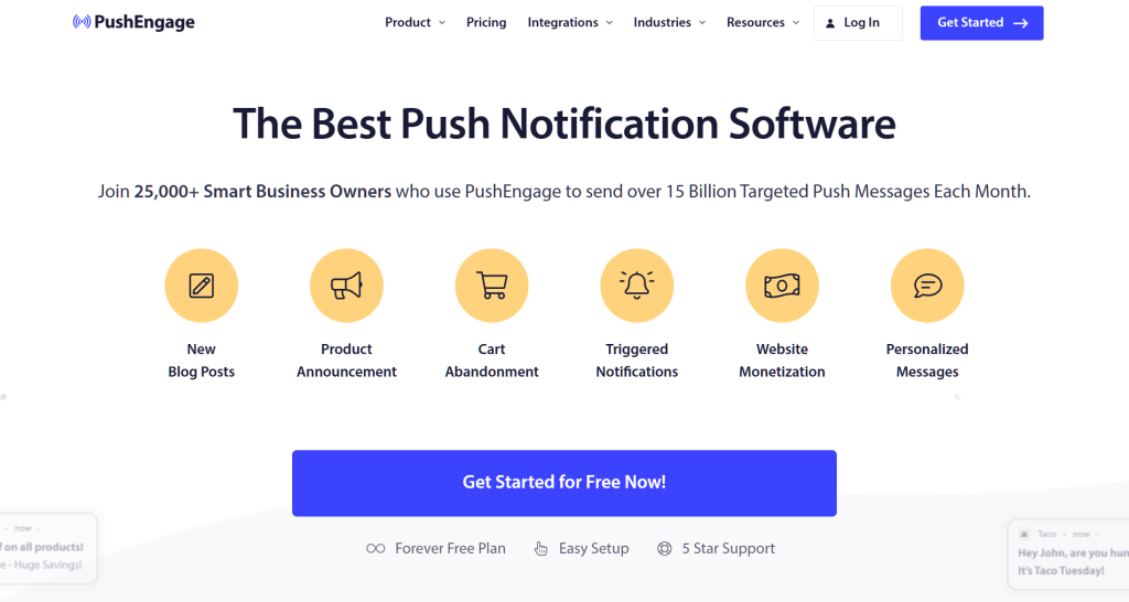 The PushEngage website's landing page, which showcases some of the plugin's features, menu panels, and cta button