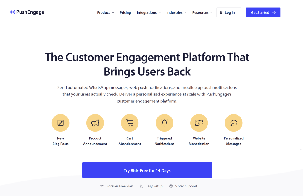 pushengage-homepage - AdTribes PushEngage homepage showing web and mobile push notification features