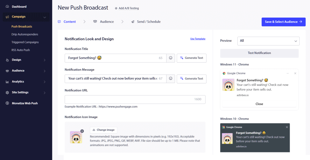The PushEngage dashboard, showing how an AdTribes abandoned cart reminder is created