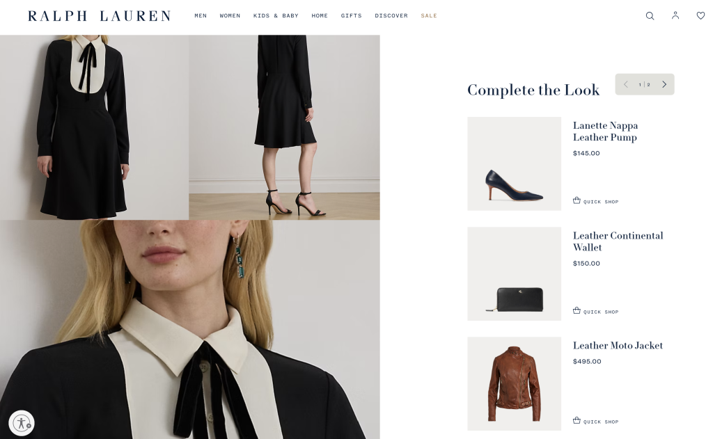 Ralph Lauren product page featuring a dress with suggested add-ons like heels, wallet, and leather jacket in a sidebar