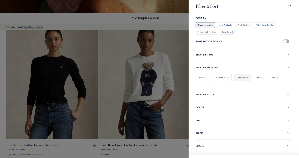Screenshot of Ralph Lauren’s filter and sort panel with options like size, style, material, and sort order