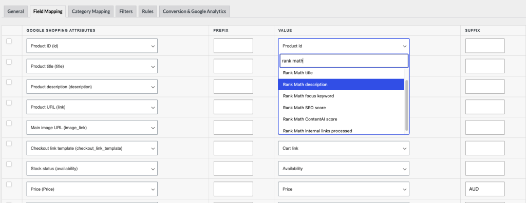 Rank Math attributes in the Field Mapping value dropdown - AdTribes The Field Mapping tab with a Value dropdown open and filtered to rank math, listing Rank Math title, Rank Math description, Rank Math focus keyword, Rank Math SEO score, Rank Math ContentAI score, and Rank Math internal links processed