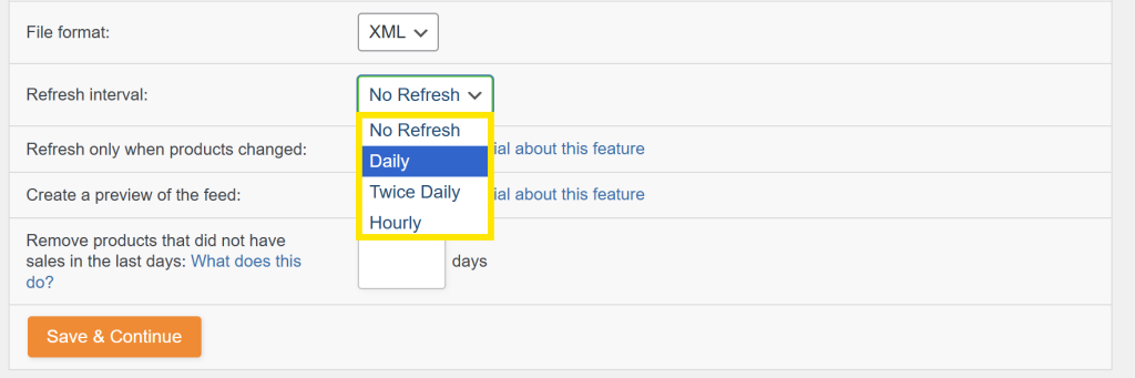 Dropdown menu in AdTribes plugin showing refresh intervals for product feeds, including options like daily, twice daily, and hourly.