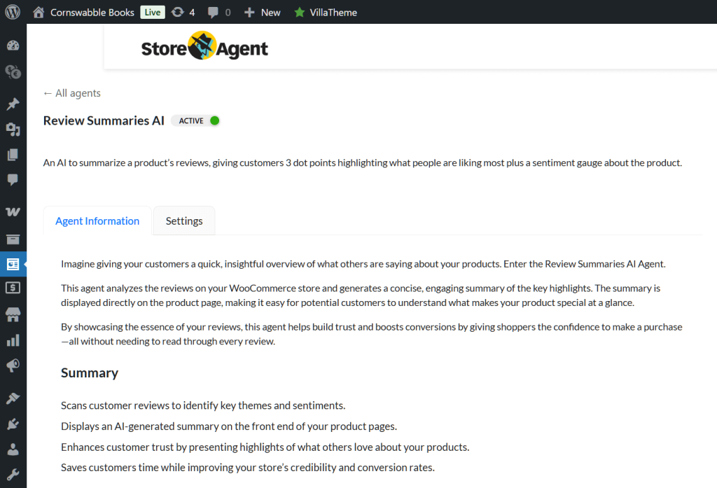 The Review Summaries AI's Agent Information, revealing what the agent's purpose is and what it can do for an ecommerce store