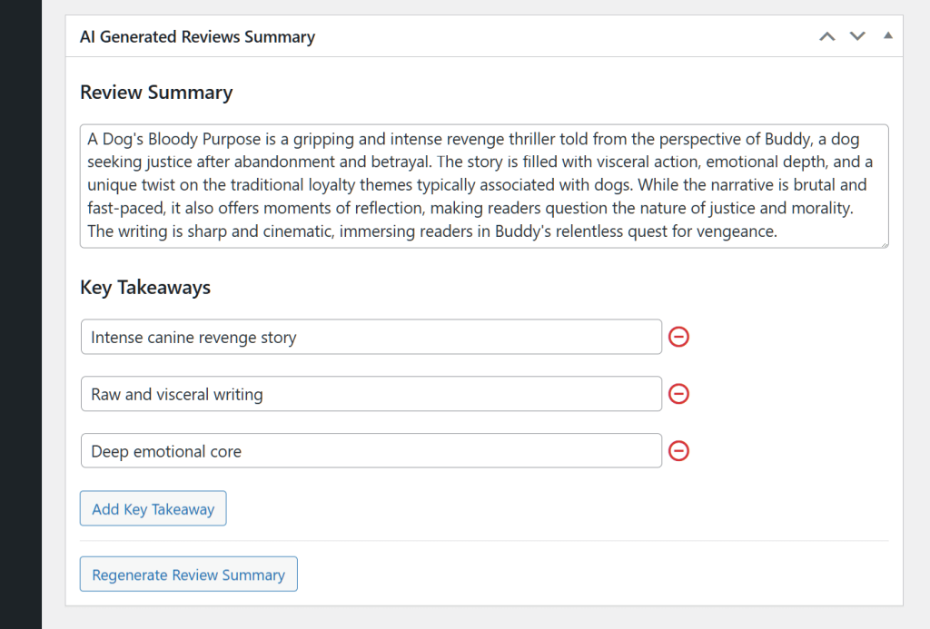 The Review Summary section, revealing a review summary of the book, A Dog's Purpose, complete with key takeaways