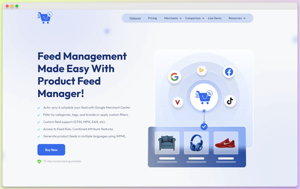 RexTheme Product Feed Manager page showing auto sync, custom field support, feed rules, and WPML compatibility