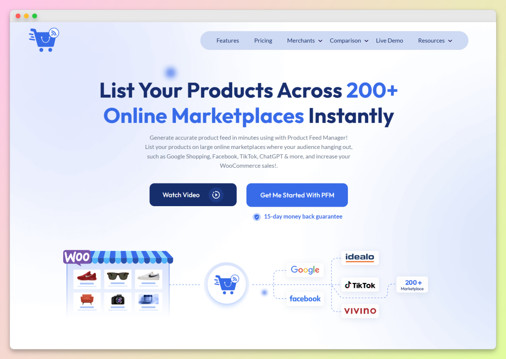 RexTheme Product Feed Manager homepage with marketplace channel highlights