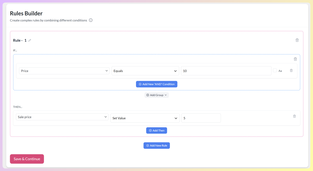 AdTribes rule set to IF Price Equals 10 THEN set Sale price to 5, changing the product's feed price
