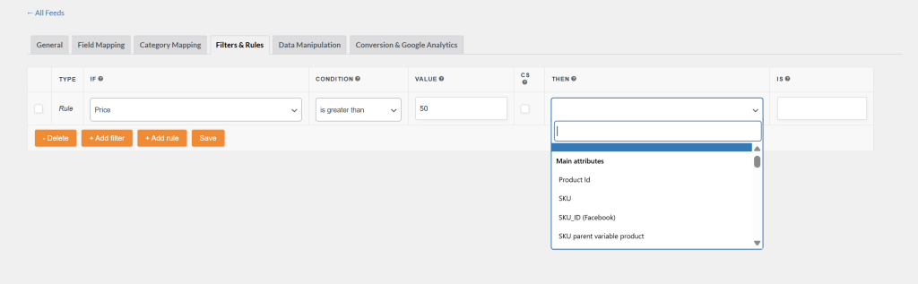 rules-before - AdTribes Old version of the product feed rules interface showing a basic IF-THEN logic with only one condition and one action