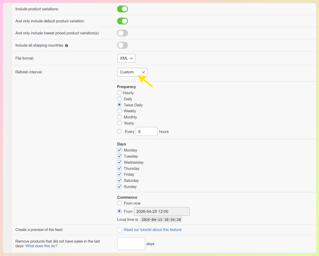 Product Feed Pro refresh interval settings with custom schedule options