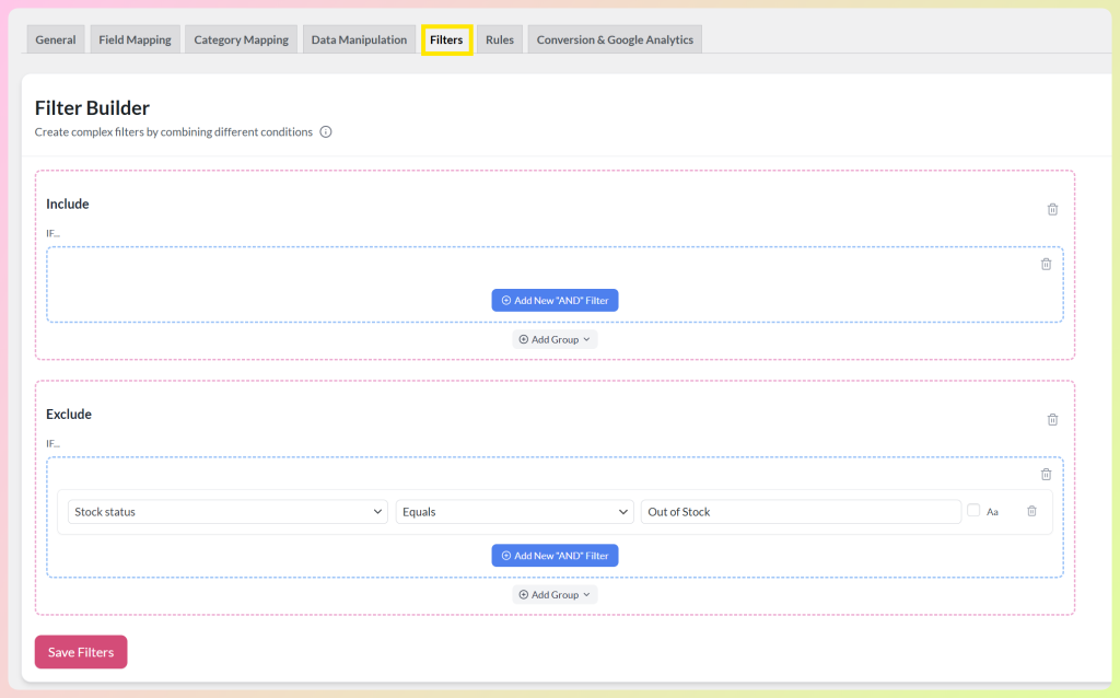Product Feed Pro filter builder excluding out-of-stock products by stock status