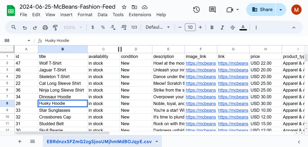 A screencap of a CSV spreadsheet, showing the contents of a product feed from McBeans store, which include a list of fashion items