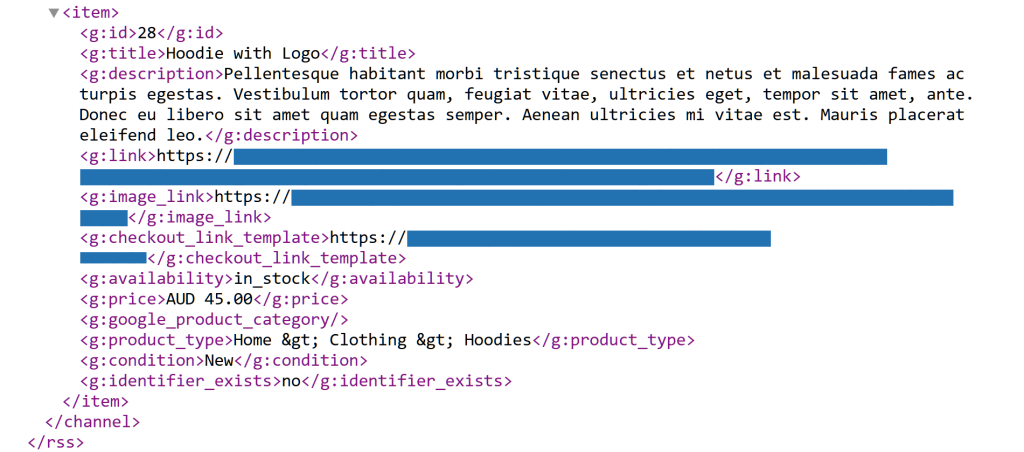 A screencap of part of a product data feed as an XML file, showing structured text with tags that define the data's hierarchy and attributes