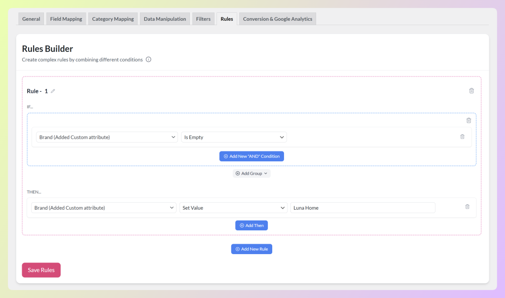 sample-feed-rule-for-brand - AdTribes AdTribes Rules Builder example that sets a brand value when the brand field is empty