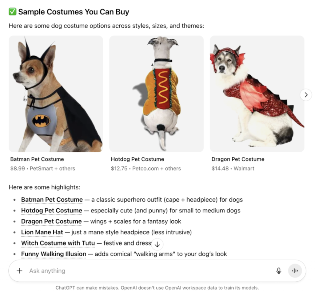 AI-generated pet costume product recommendations with images and prices
