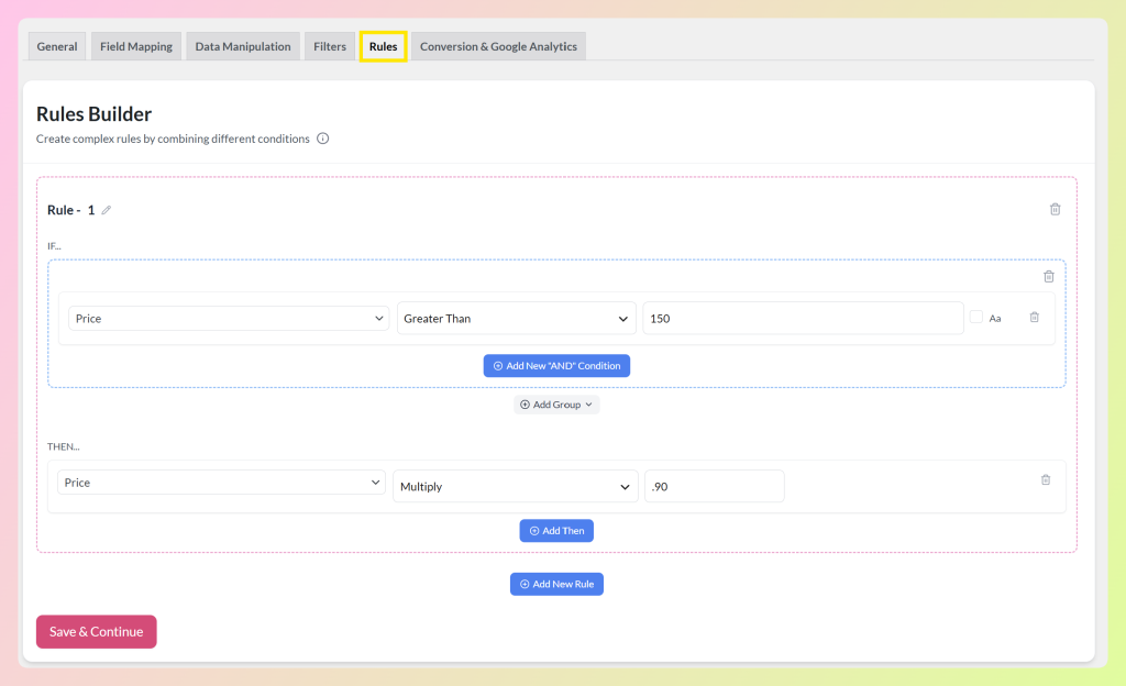 Costruttore di regole che mostra una condizione di prezzo e una regola di moltiplicatore di prezzo in AdTribes Product Feed Pro
