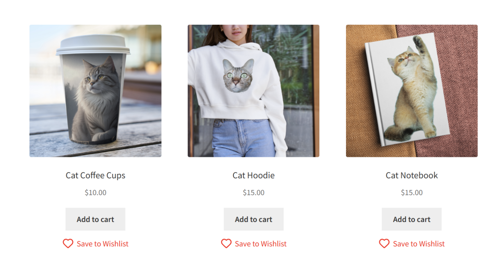 save-to-wishlist - AdTribes Save to Wishlist button displayed under product listings on a WooCommerce store