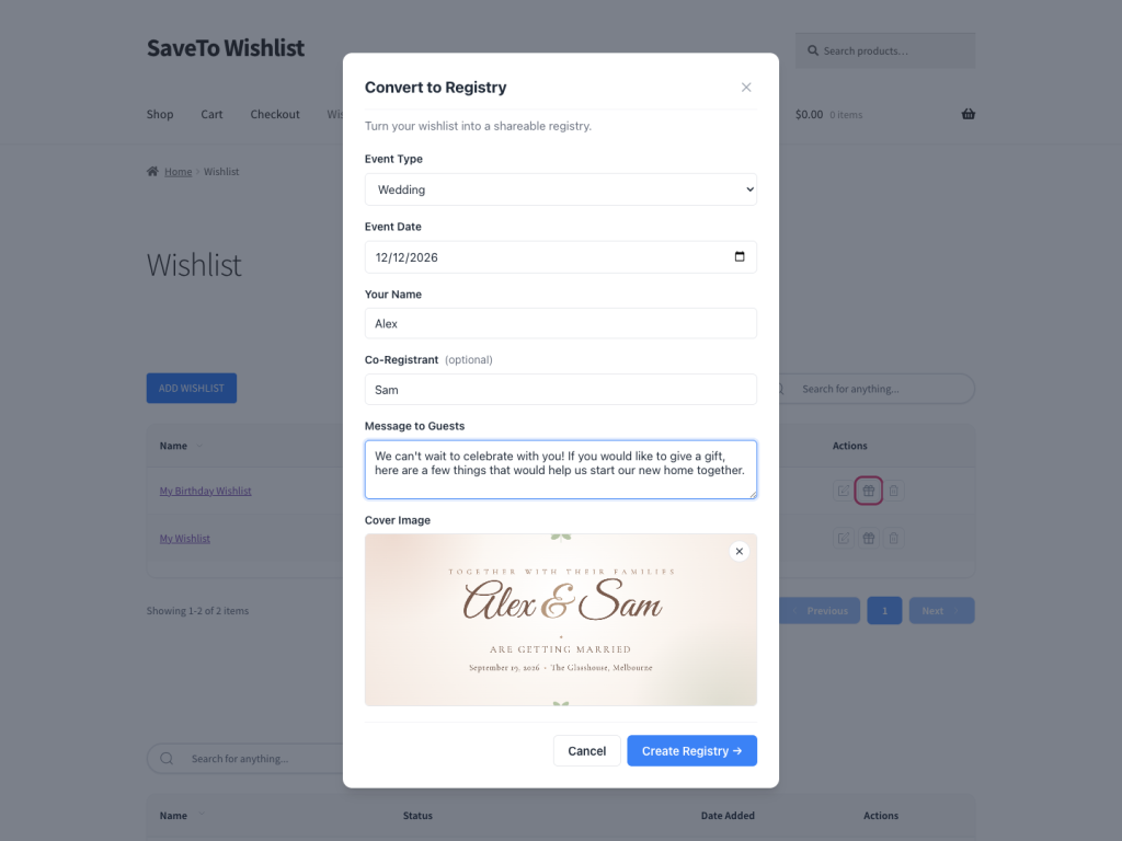 Modal titled Convert to Registry with a form for Event Type, Date, Names, Message, and a cover image preview on a wishlist page.
