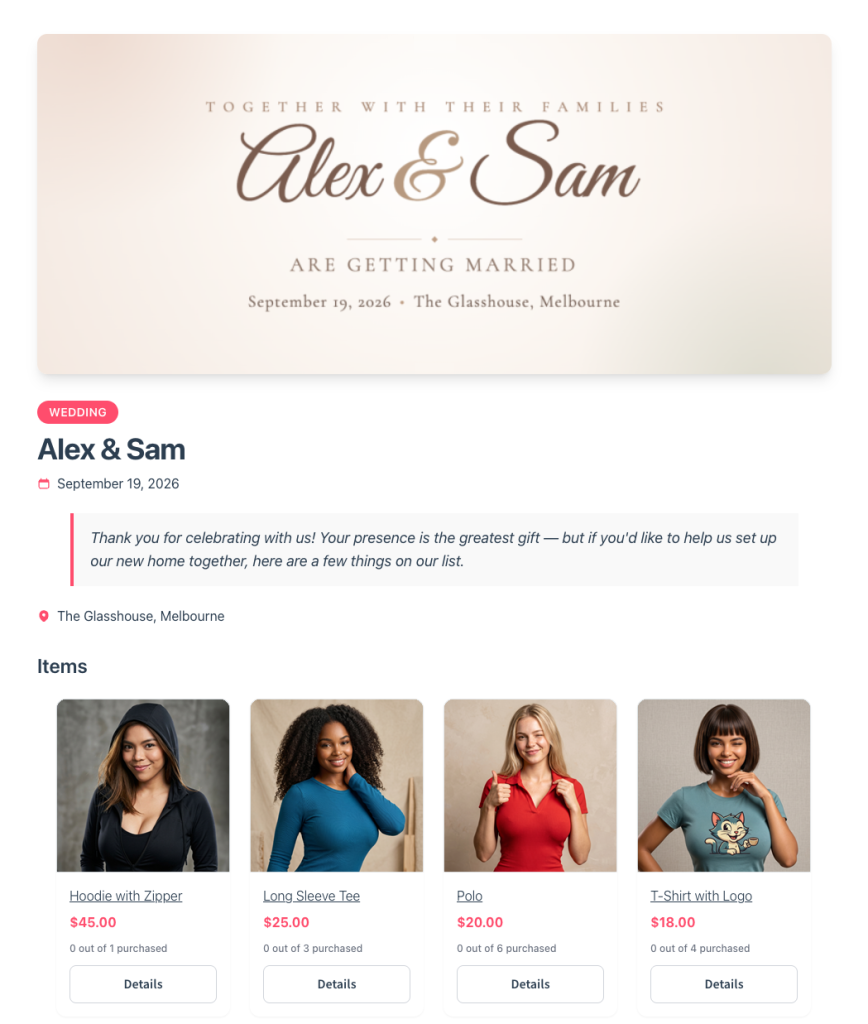 Wedding invitation banner for Alex & Sam announcing their marriage with a soft beige gradient background and elegant script names.
