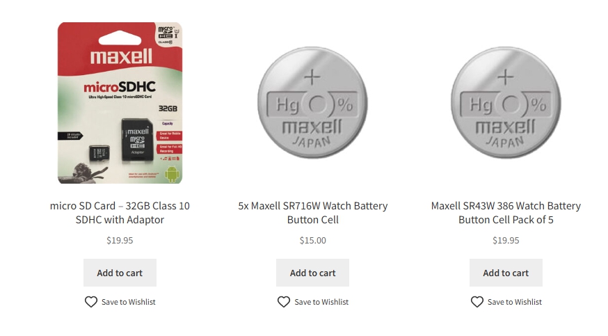 savetowishlistsample - AdTribes WooCommerce product listing showing Save to Wishlist buttons under each item including SD cards and batteries