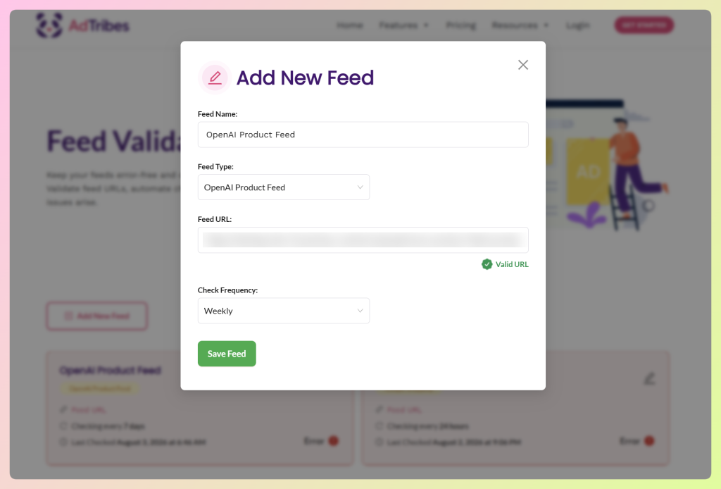 Add New Feed modal with OpenAI Product Feed selected, a valid feed URL entered, and Weekly chosen as the check frequency