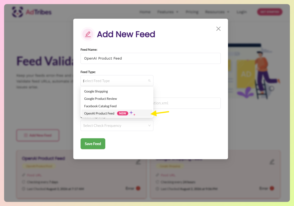 Feed Type dropdown showing OpenAI Product Feed as a selectable option