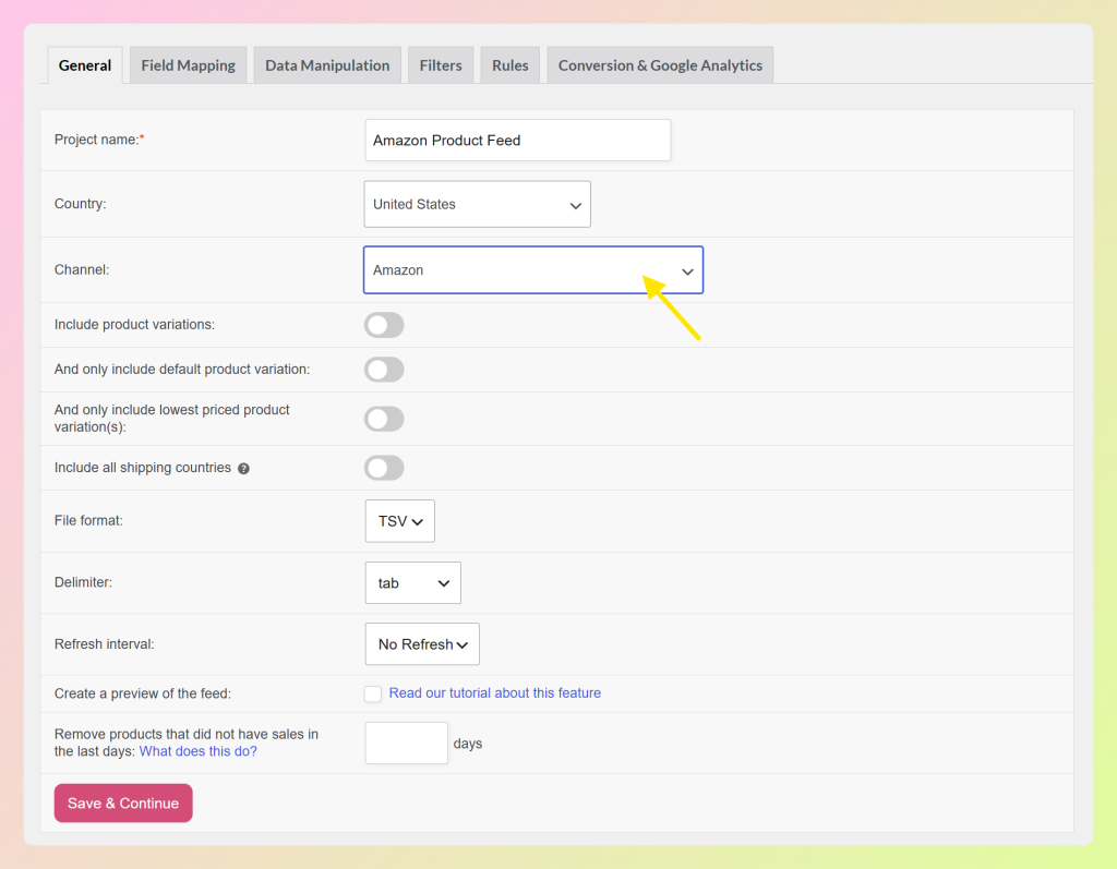 select-amazon-product-feed - AdTribes Web form for configuring an Amazon Product Feed: fields for Project name, Country, Channel, and options like file format and delimiter.