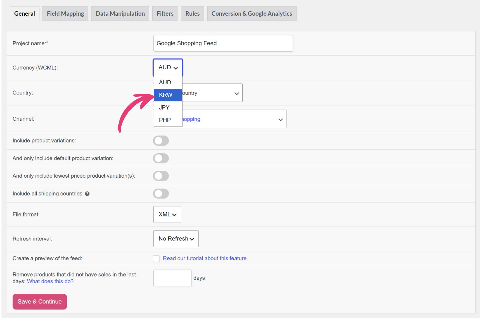 Impostazioni generali di Product Feed Elite che mostrano un menu a discesa di valuta WCML