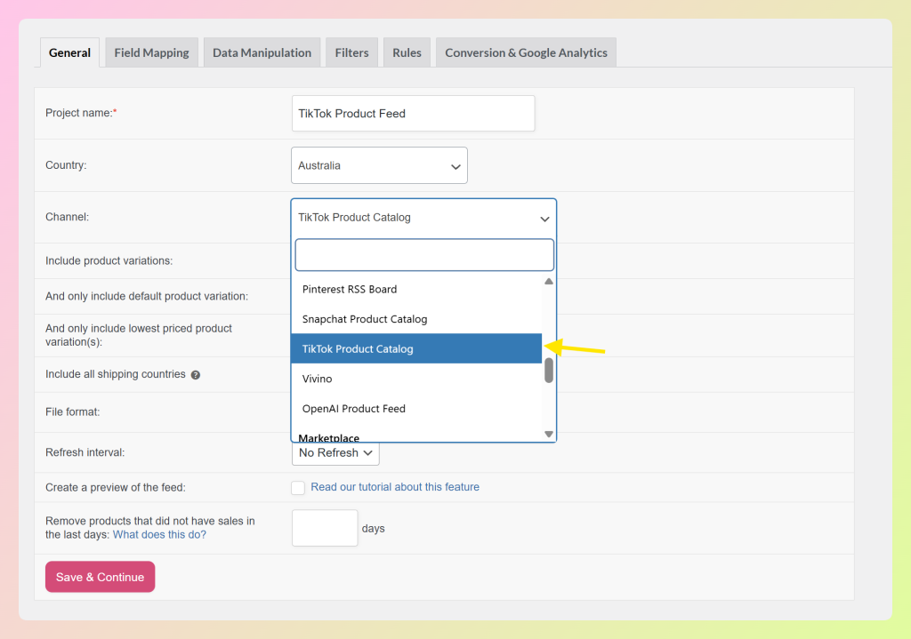 AdTribes feed setup screen with TikTok Product Catalog selected in the channel dropdown