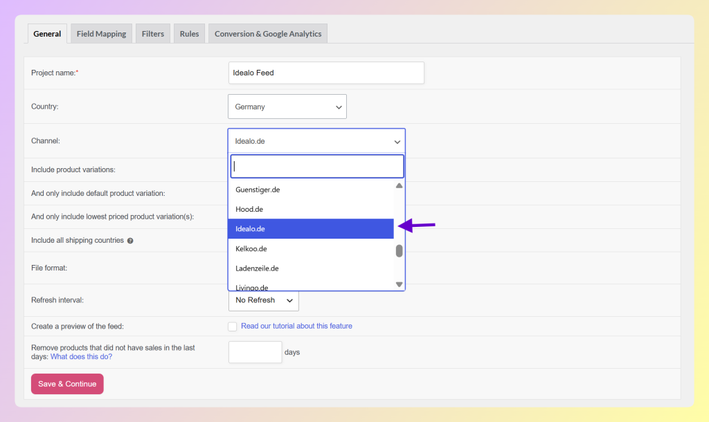 Menu déroulant des canaux AdTribes Product Feed Pro avec Idealo.de sélectionné