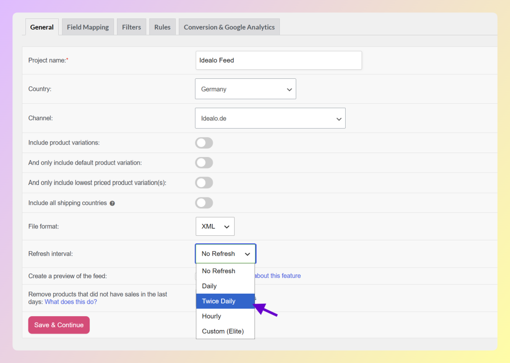 Menu déroulant de l'intervalle de rafraîchissement AdTribes Product Feed Pro affichant les options Quotidien, Deux fois par jour, Horaire et Personnalisé Elite