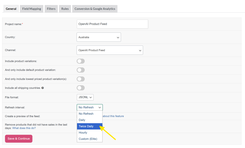 Refresh interval options with “Twice Daily” selected in OpenAI product feed settings