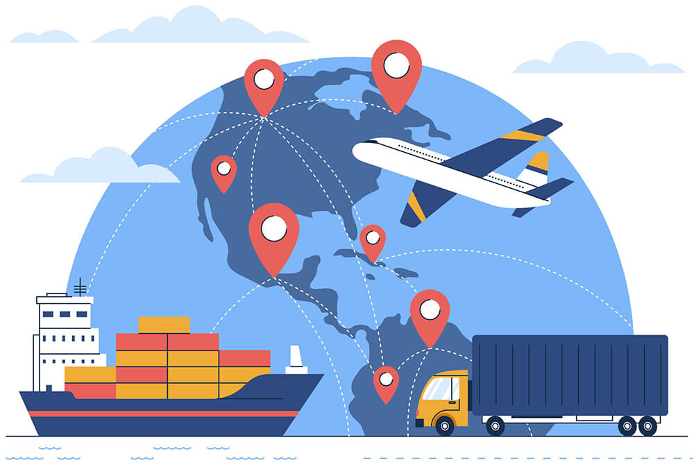 sell-internationally-shipping - AdTribes Part of the globe showing the Americas with trade routes revealed, and a plane, ship, and truck in the foreground