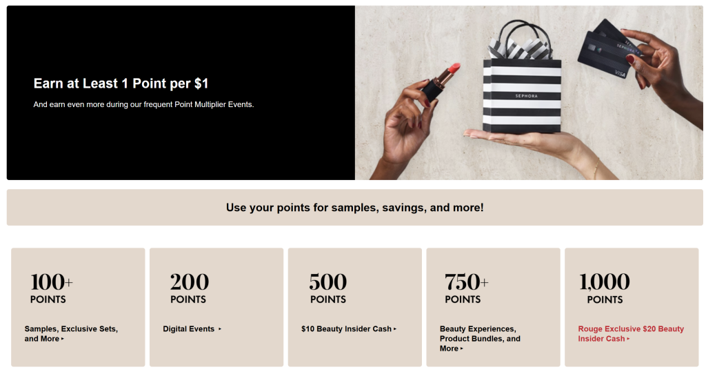 sephora-beauty-insider-loyalty-program - AdTribes Sephora’s Beauty Insider program page showing points-based rewards, including samples, beauty cash, and exclusive offers