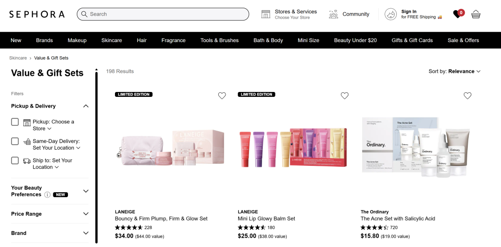 Screenshot of Sephora’s Value & Gift Sets page showing skincare product bundles from brands like Laneige and The Ordinary