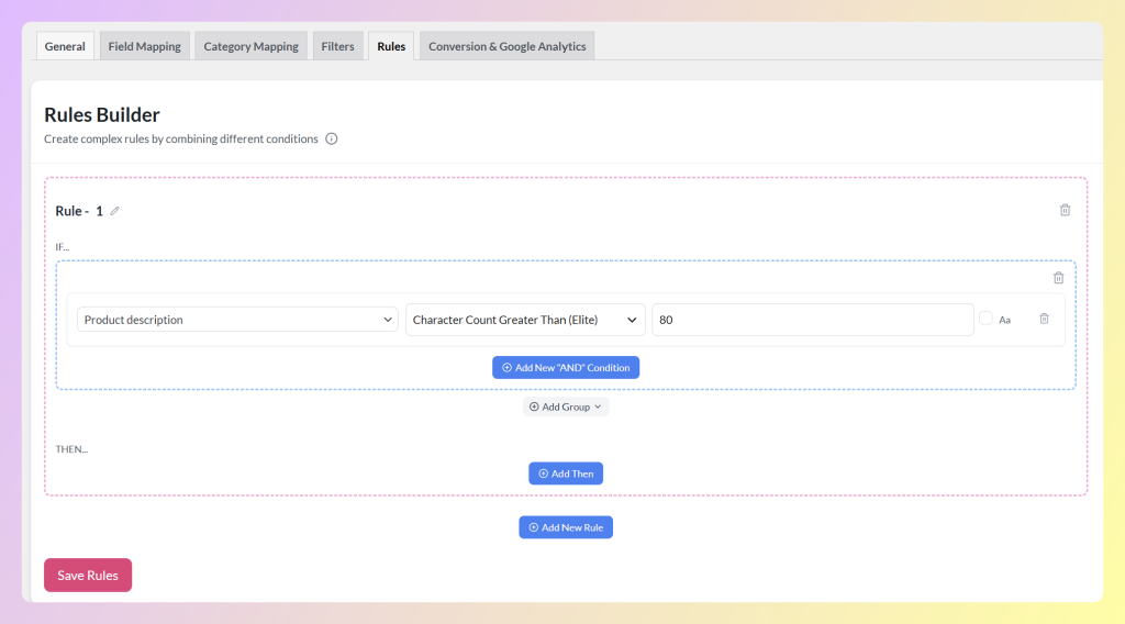 Rule condition matching product descriptions over 80 characters