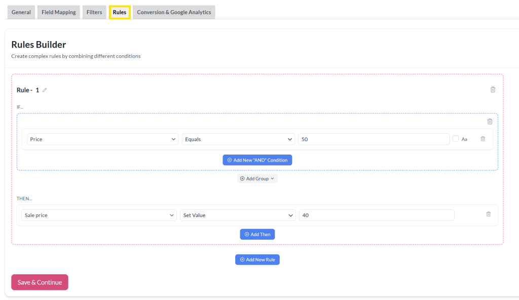Rules builder in AdTribes showing a sample condition to adjust sale price
