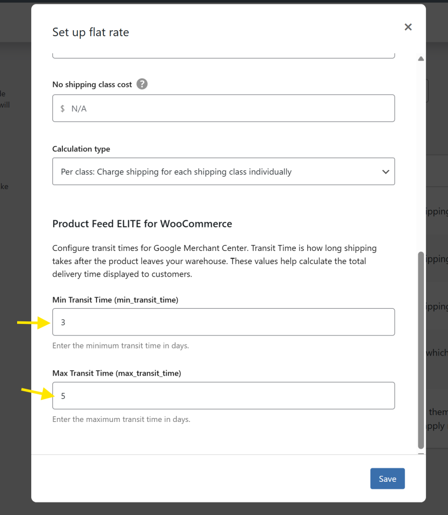 WooCommerce settings showing where to enter minimum and maximum shipping transit time for flat rate shipping method